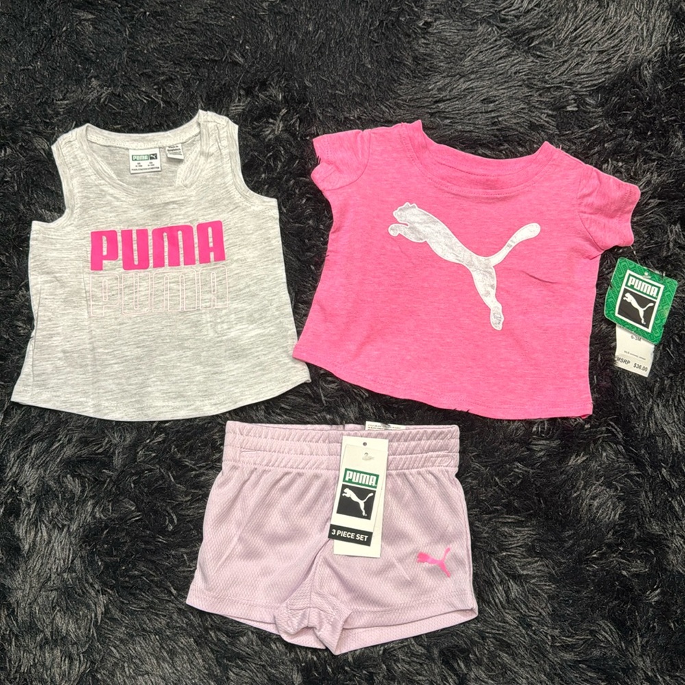 😄💕Puma: Baby Girls 0-3Months, 3-Piece Logo Tee, Tank Top & Shorts Set😄💕